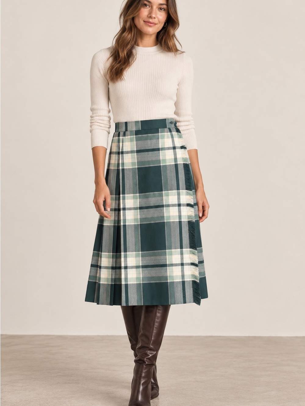 Vintage Highland Queen 100% Wool Green Tartan Wrap Skirt
